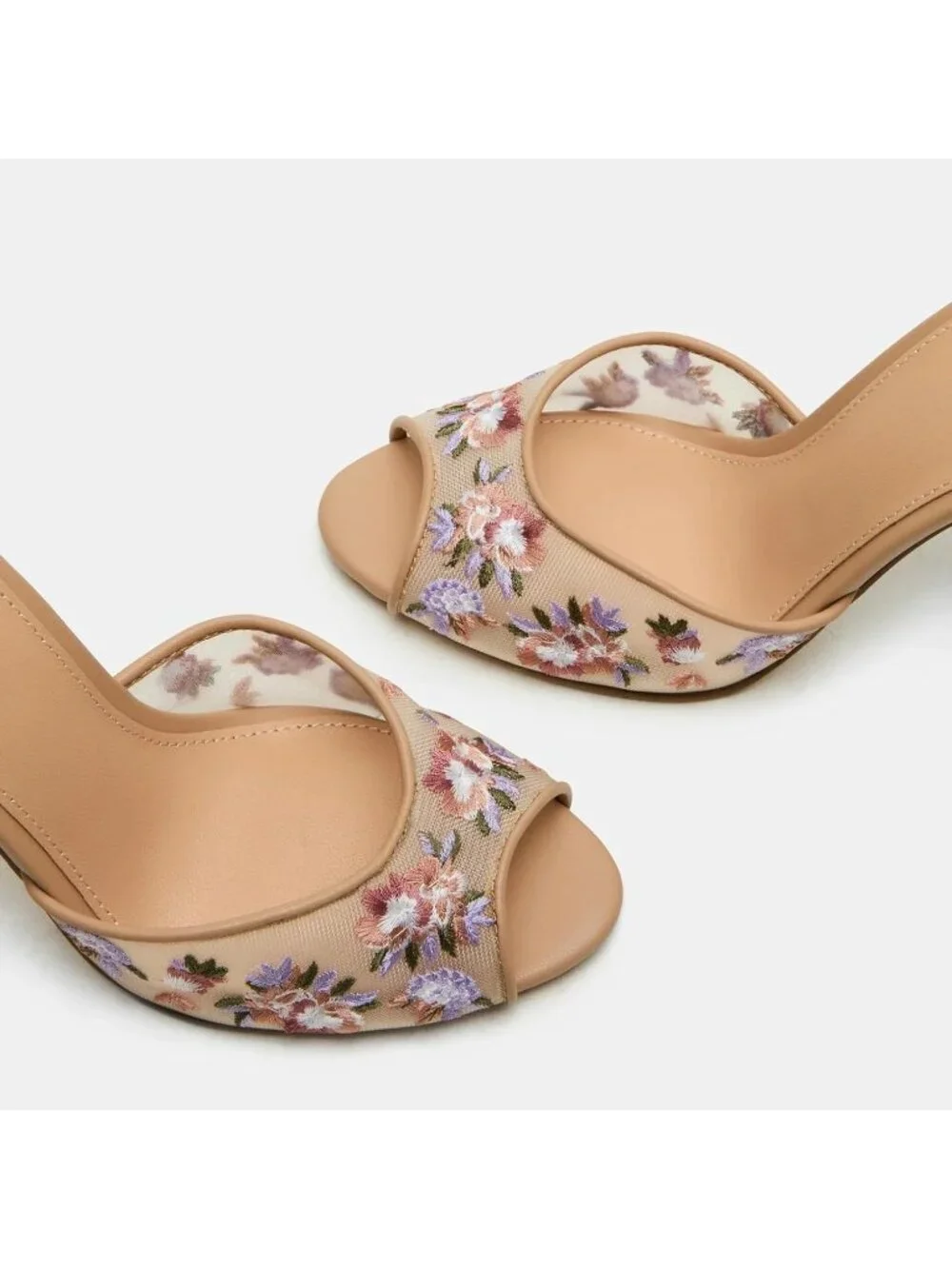 Women's Tan Mesh Heeled Sandals Peep Toe Mules Slip on Stiletto High Heels